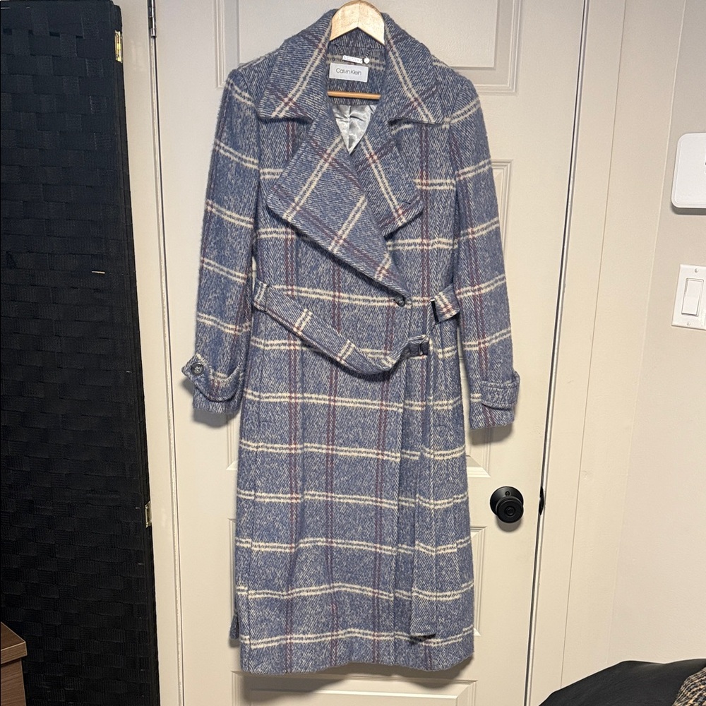 Calvin Klein Navy Plaid Belted Coat